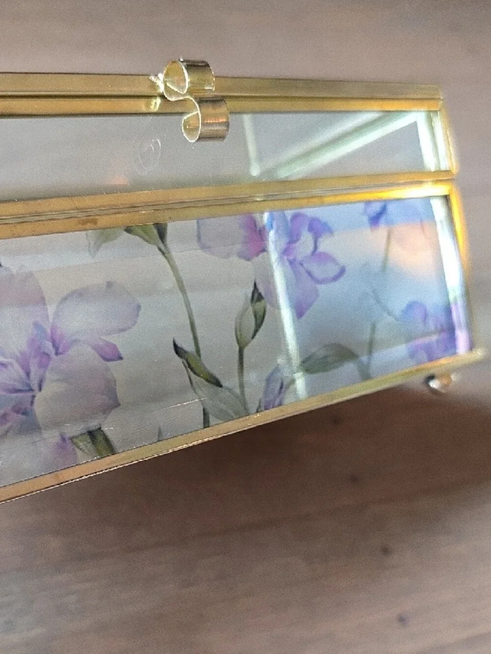 Shabby Chic Vintage 1989 Gold Glass Vanity Trinket Jewelry Box w/ Purple Floral